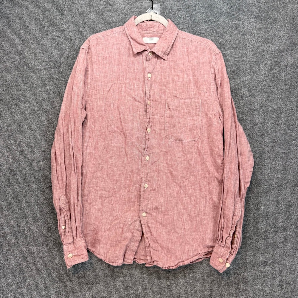 Uniqlo Shirt Mens Large Pink 100% Linen Long Sleeve Casual Button Down Nice